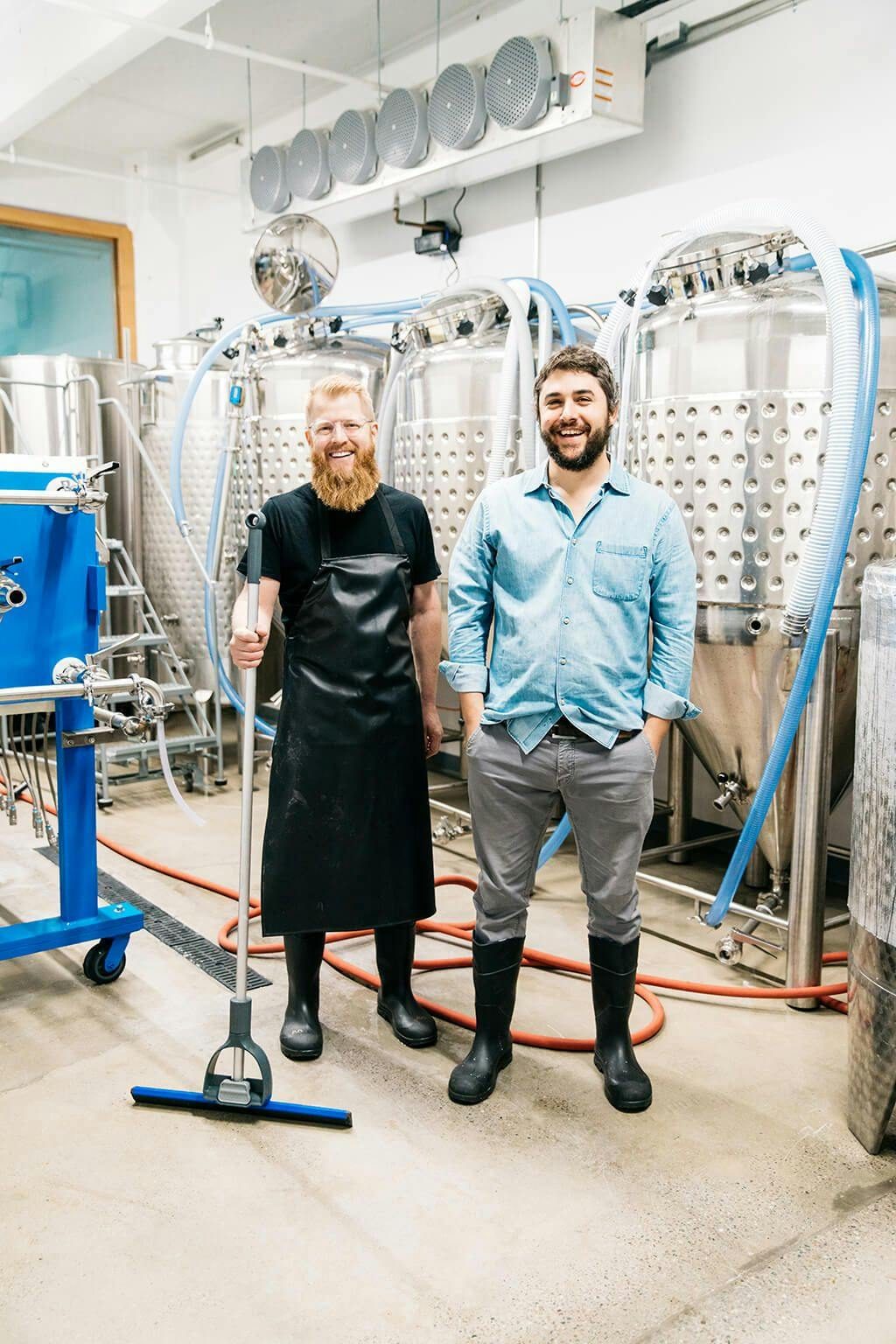Co-founders Brandon Doughan and Brian Polen in the Brooklyn Kura brewing facility.