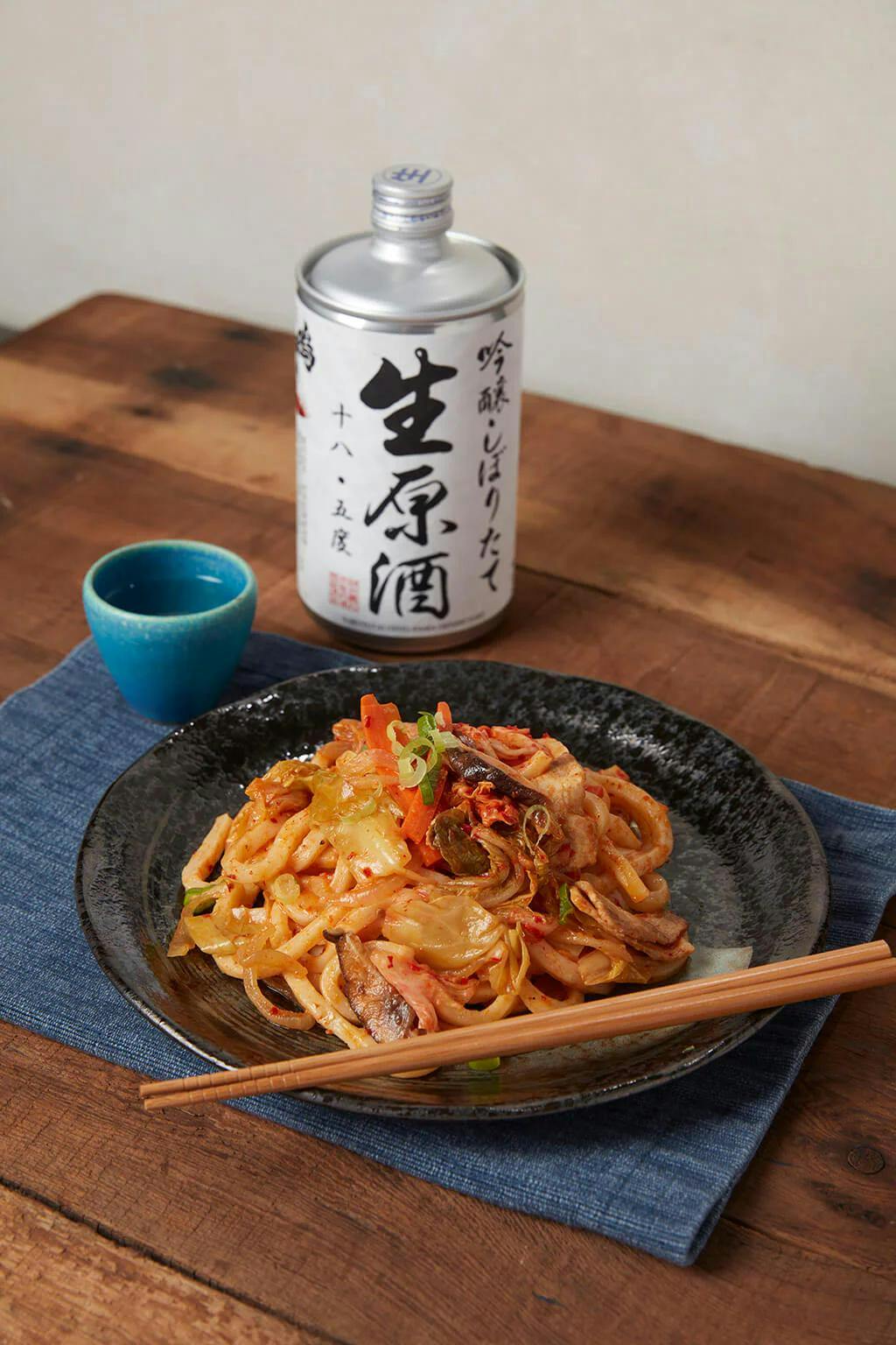 The famous Narutotai “Ginjo” Nama Genshu stands up well to heartier meals, like this spicy noodle dish.