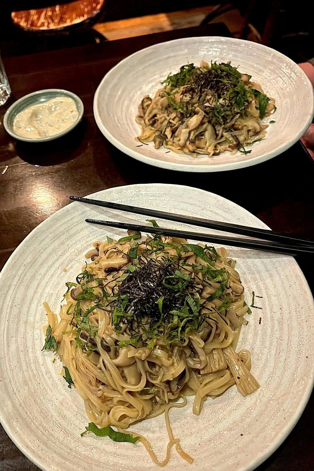 Noodles with mushroom sauce.