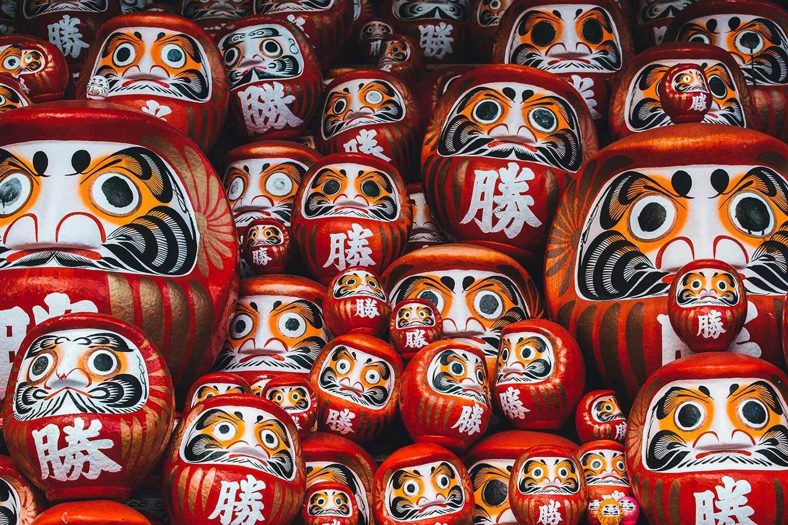 Notice the daruma with only one eye colored in; the wish has yet to be granted!