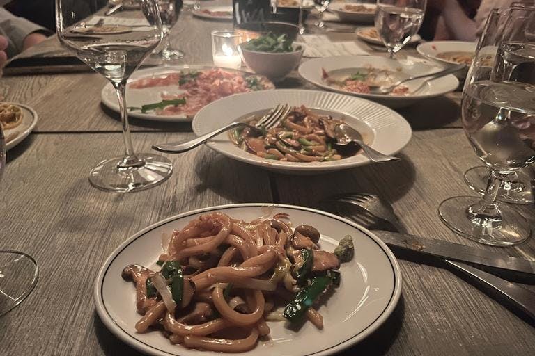 Bigoli, a thick, udon-like pasta noodle, was served in a luscious soy butter sauce with shiitake mushrooms, chives and shallot gremolata.