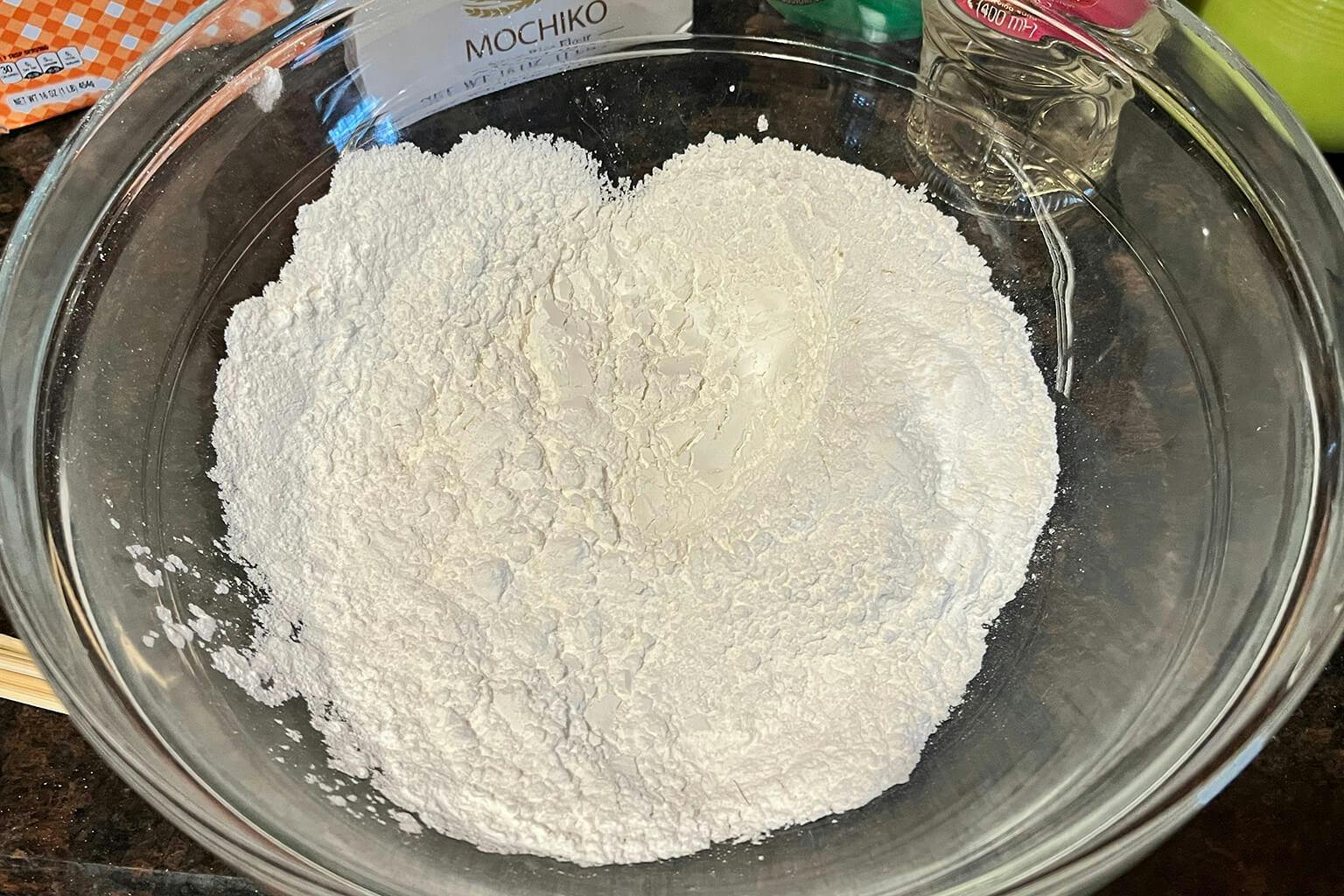 Mochi flour in the mixing bowl