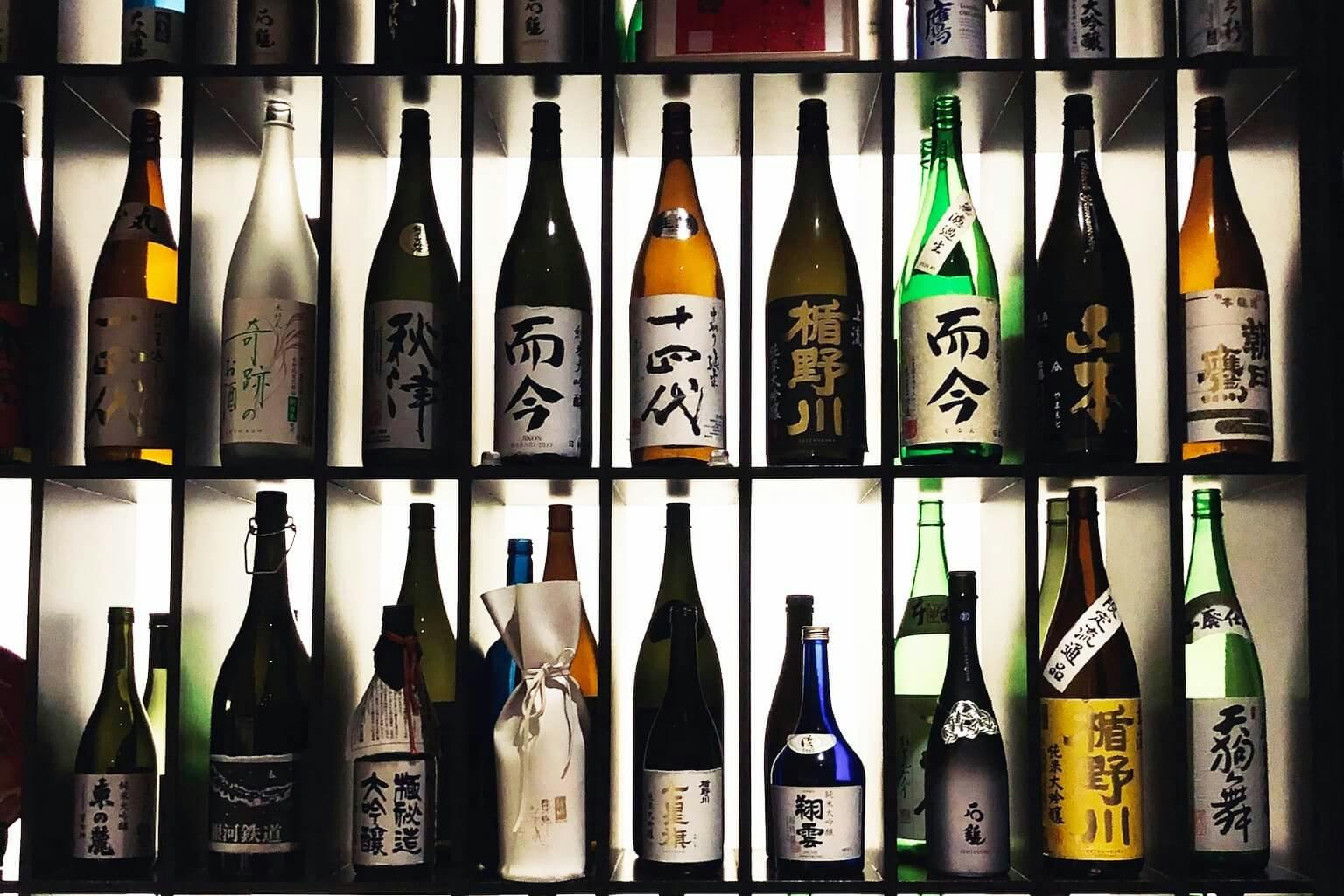 Various Japanese sake inside the shelves