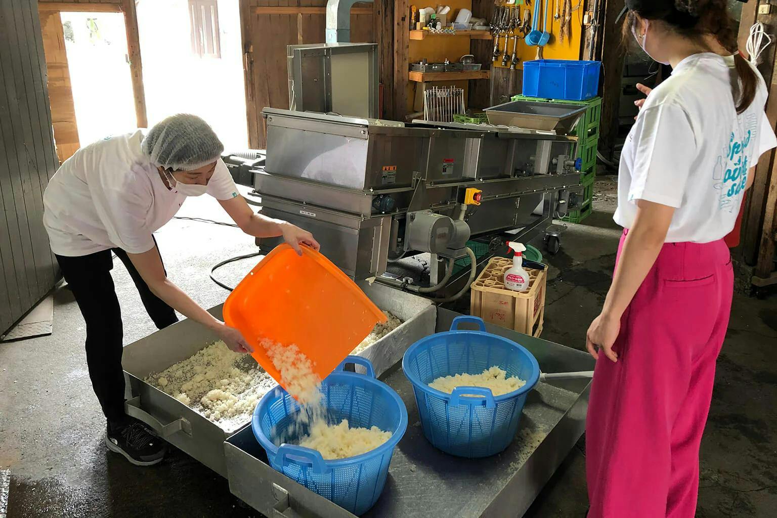 Azusa and Rina transfer steamed rice that has finished cooling. | Photo by Azusa K