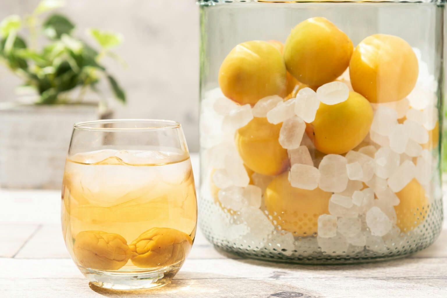 Ume are aged and soaked in alcohol to make homemade umeshu