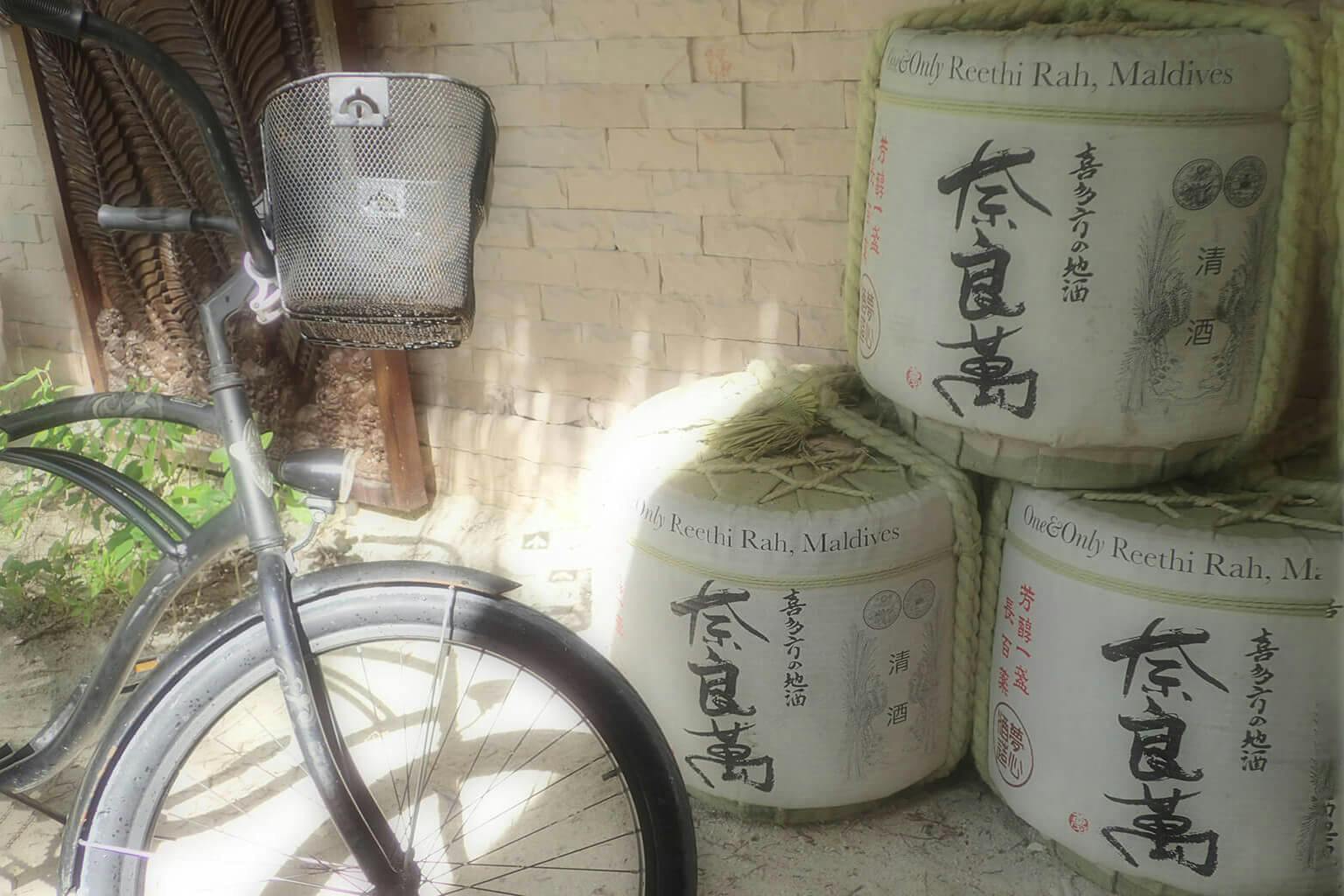 The Naraman sake barrels with a bicycle