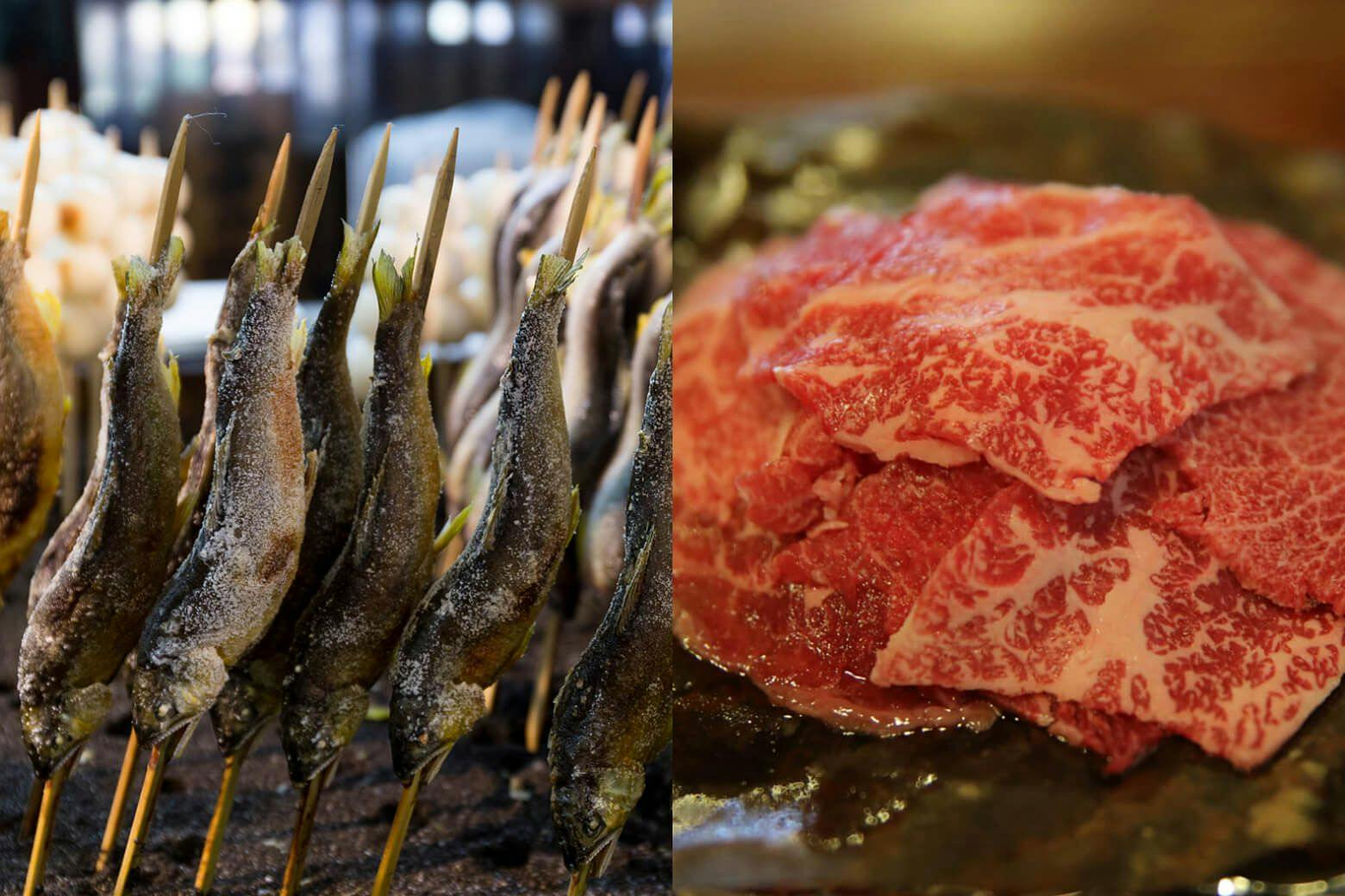 Grilled ayu fish and raw Hida beef