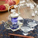 Edo Kiriko Chirori Sake Set Blue, on a table