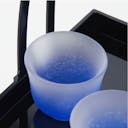 “Fubuki” Sake Set With Handbasket (Blue), upward angled close view