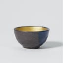 “Mino no Takumi” Black Sakazuki Cup With Blue Drip Glaze and Gold Interior, upward angled view
