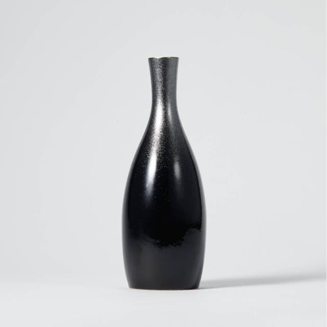 Porcelain Tokkuri With Black and Silver Urushi Lacquer, side view