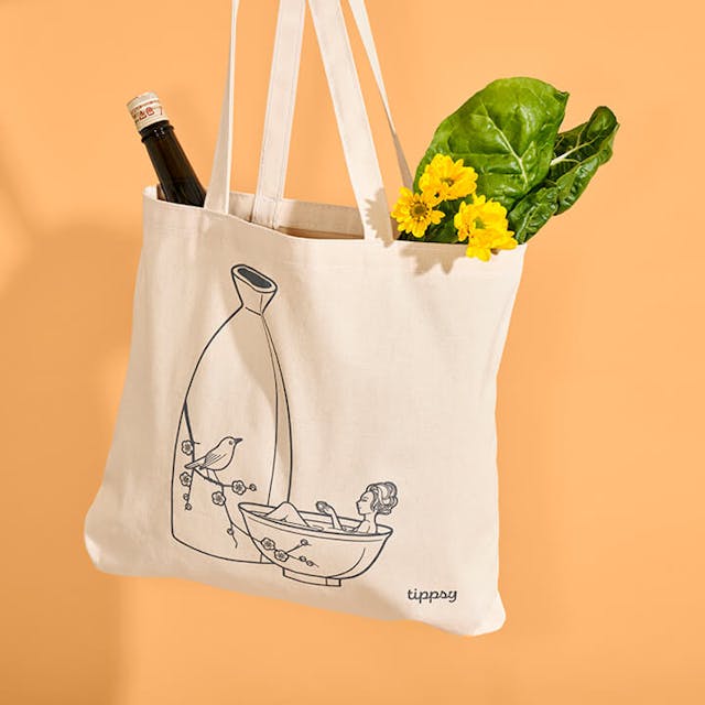 Sake-themed “Team Warm” Tote Bag with original artwork by Hayataro Sakitsu