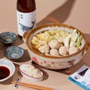 Suigei “Tokubetsu Junmai” with ceramic sakazuki, served with toridango nabe